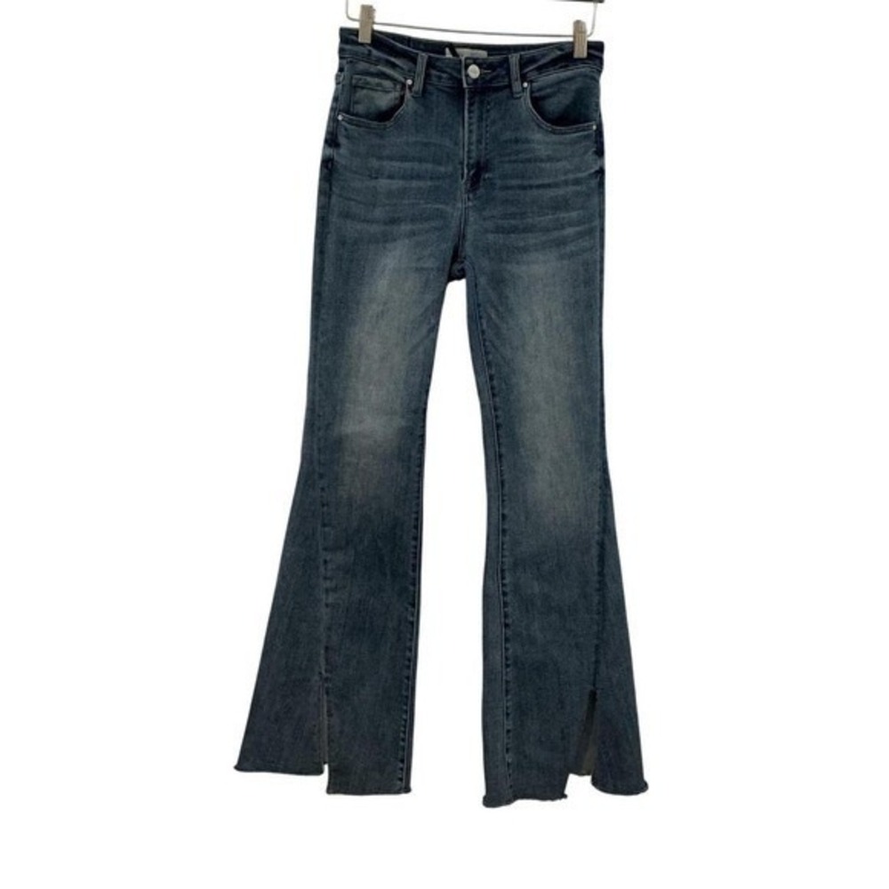 Risen Flare Jeans Womens 7/28 Blue Side Slit Raw Hem